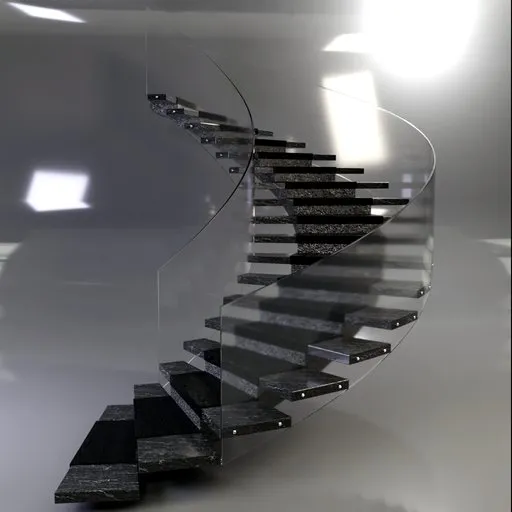 Elegant 3D-rendered semi-circular staircase with sleek glass balustrade and modern materials, suitable for Blender.