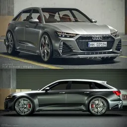 "Highly-detailed mid-level Audi RS6 Avant 2020 3D model in matte finish, equipped with a bodykit and easily convertible to metallic, ideal for studio and architectural renderings, as well as animations. Created using Blender 3D software and featuring multiple views, realistic shadowing, and HSV, this model was an Instagram contest winner and recognized with a design award."