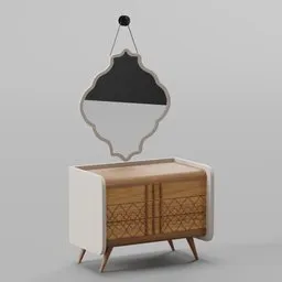 "Wooden living room dressing table with mirror, modeled in Blender 3D by Farid Mansour. Delicate patterned design, inspired by Oton Iveković, and featuring white eagle icon. Feminine shapes and neo-gothic concept make this a unique addition to any interior."