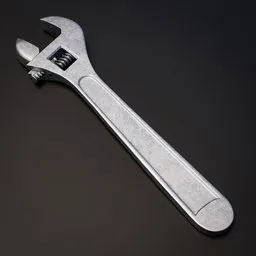 "A high-definition 3D model of a metal wrench, perfect for workshop decoration or use in Blender 3D projects. The comprehensive 2D rendering features soft diffuse lighting and a white background with shadows, highlighting the rusted texture of the tool. Ideal for adding authenticity to construction site or handtool scenes."