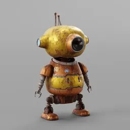 Rustic dystopian robot 3D model with large eye, designed for Blender animation projects.