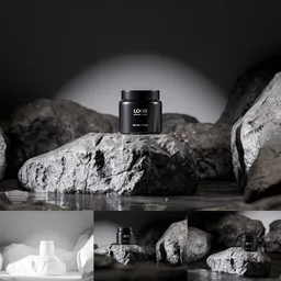 Black Cosmetic Jar on Rock Podium