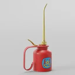 "Vintage Oil Can 3D model for Blender 3D: Indonesian Pertamina-inspired container with red jar, gold handle, and a straw. Perfect for industrial and oilpunk themed projects with realistic rendering. Explore this unique can design in the BlenderKit library."