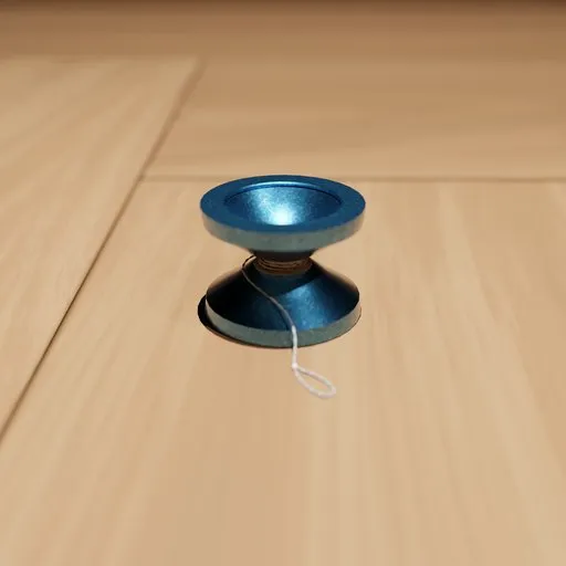Detailed Blender 3D model of a metallic blue butterfly yoyo with string on wood surface