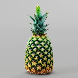 "Highly rendered pineapple 3D model for Blender 3D software. Photoscanned and remeshed, with a vibrant green leaf detail. Perfect for fruit and vegetable themed projects."