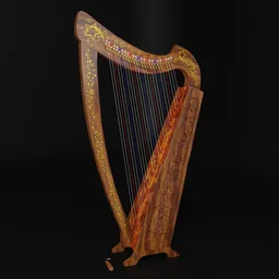 "3D model of a stunning Celtic harp made of Goncalo alves tigerwood and burl, fully detailed with semitone keys, painted and carved in the style of neodada. Created in Blender 3D and perfect for adding musical instruments to your scenes."