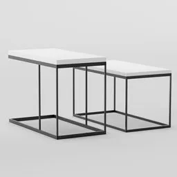 "Contemporary coffee table set with sleek metal legs, perfect for Blender 3D modeling. Featuring two tables with black and white tops against a gray background, embodying a modern fusion of glass, metal, and geometric elegance. Discover the ideal centerpiece for your virtual interior design projects."
