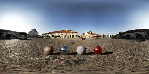 Early morning summer light HDRI of Pułtusk Market, showcasing realistic 32bit lighting for 3D scenes with unclipped sun detail.