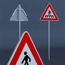 "3D model of a danger road sign pedestrian crossing with a honeycomb texture for reflection. Created using Blender 3D software, this communication category model features two road signs on a pole, rendered orthographically with a photostock-inspired design. The isometric view showcases the sign's vertical orientation, making it an ideal choice for 3D enthusiasts and Blender users searching for high-quality models."