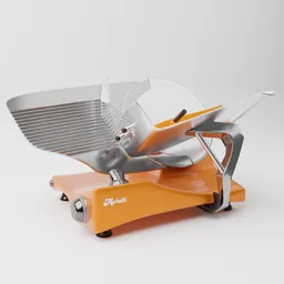 Detailed 3D model of an orange and silver meat slicer, Blender 3D, high-quality design suitable for butchery or restaurant use.