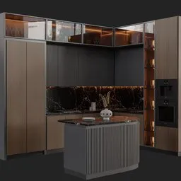 Detailed modern 3D kitchen interior model with appliances, created in Blender, available in .blend format with Cycles render.