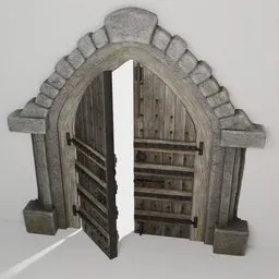 Low-poly 3D model of an open medieval double door with stone arch for Blender, PBR textures included.