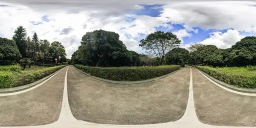 360-degree panoramic HDR image of a paved track with surrounding greenery under an overcast sky for realistic scene lighting.