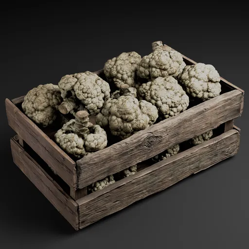 Highly detailed 3D model of wooden crate filled with realistic cauliflower for Blender renderings.