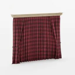"Fabric Flannel Tartan Curtain, a hyperrealistic 3D model for Blender 3D. This studio-quality render showcases a close-up of a red and black checkered curtain with a Scottish style. Perfect for room interior design projects or visualizations."