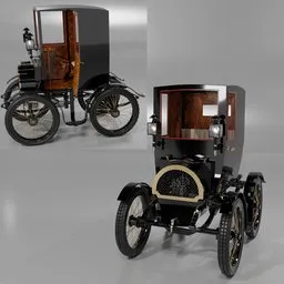 "Renault Type B 1899 3D model produced in Blender 3D, a historic vehicle with wooden seat and single-cylinder engine. Considered an important milestone in automobile history, this French car was the first mass-produced by Renault."