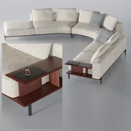 "Breba Poliform: Arafed sectional sofa set with coffee table and side table, featuring modular design in fabric and leather. Ideal for Blender 3D modeling. Unreal Engine 5, articulated and pinned joints. A stylish addition to any 3D rendering project."