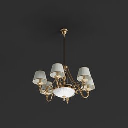 "Decorative chandelier with five lamps and a white shade, created by Kirill Sannikov in Blender 3D. The chandelier features an ornate gold border and stands at a height of 178cm. Rendered with Octane render and inspired by Toss Woollaston, this 3D model is perfect for adding elegant lighting to any interior design project."
