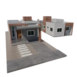 Detailed 3D model of a contemporary house with a flat roof, multiple windows, and an entry path for Blender scenes.