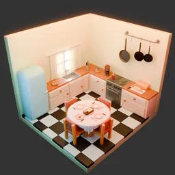 Isometric 3D model of a stylized kitchen with pastel appliances, checkered floor, and table setting.