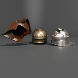 "German Salet Medieval Armor Helmet in Blender 3D - Leather inner cap, flip-up visor, and adjustable rust levels. Inspired by Juan de Flandes and Antoine Le Nain, with substance designer metal and brigandine textures."