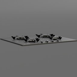 "Blender 3D model of a Miele gas stove with four burners and analog switches in a luxury bespoke kitchen design. The kitchen appliance belongs to the kitchen appliance category and features a hyperrealistic, dark kitchen product view with evenly spaced tea cups on a silver tray. Ideal for your 3D kitchen design needs."