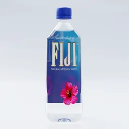 Realistic 330ml Fiji water bottle 3D model with detailed label, perfect for Blender rendering.