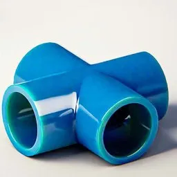 "Plastic BLUE 4 Way Pipe Connector for construction in Blender 3D. Free to use and edit, this metallic ceramic connector features vibrant chromatic colors and a side view centered design."