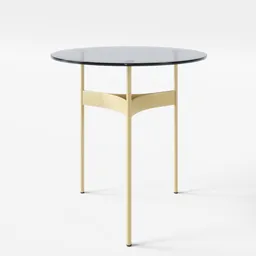 "Yumi coffee table with a glass top and gold legs, part of a collection including chairs and armchairs. Created in Blender 3D and inspired by Muqi, Yumi boasts a sophisticated design with defined edges and thick black outlines."