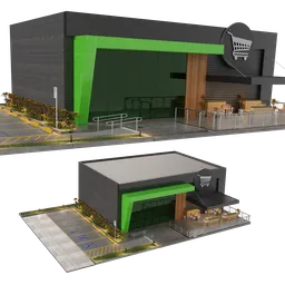 Detailed Blender 3D model of a modern supermarket with parking, ready for virtual scenes.