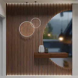 Sophisticated 3D wood paneling with mirror and accent lighting for interior design in Blender.