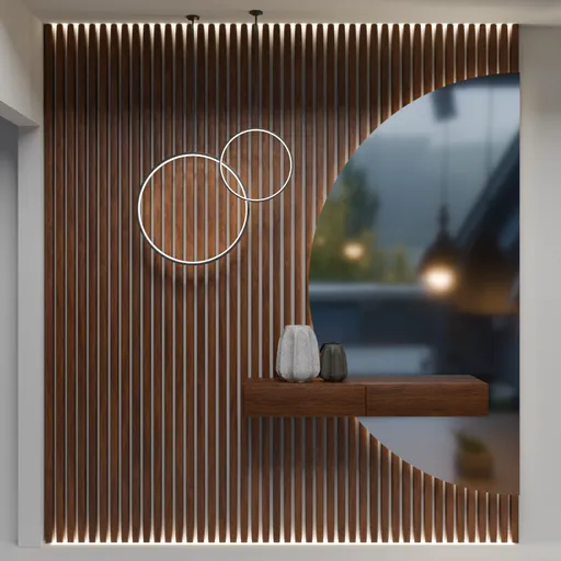 Sophisticated 3D wood paneling with mirror and accent lighting for interior design in Blender.
