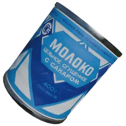 Realistic 3D model of Soviet-era condensed milk tin with blue and white label, ideal for Blender rendering and vintage decor.