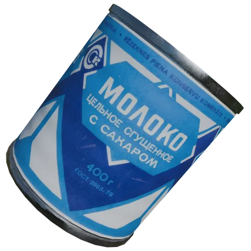 Realistic 3D model of Soviet-era condensed milk tin with blue and white label, ideal for Blender rendering and vintage decor.