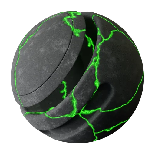 High-detail procedural Blacktop Asphalt material with emissive green cracks for PBR texturing in Blender 3D.