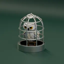 Low-poly magical owl in cage, Blender 3D model for fantasy games and scenes.