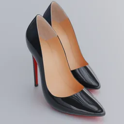 Detailed 3D model of luxury pointed-toe high heels with red soles, textured using Substance Painter, suitable for Blender.