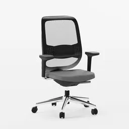 Detailed Teknion-style 3D office chair model featuring adjustable armrests and wheeled base, suitable for Blender renderings.