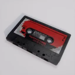 "Unreal Engine 5 rendered 3D model of an old cassette with a blood-splattered design, perfect for video game assets and concept art in Blender 3D. Featuring a red cloth background and inspired by Resident Evil's aesthetics, with references to Widowmaker from Overwatch and minimalist painting."