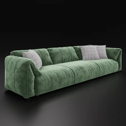 Detailed green velvet 3D sofa model with cushions, compatible with Blender 4.0, adjustable shaders.
