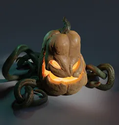 Halloween-themed 3D Blender model featuring a glowing, sinister pumpkin with menacing tendrils.