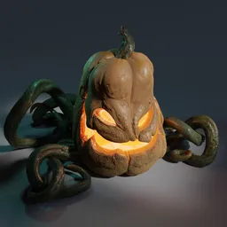 "Sinister Pumpking" 3D model for Blender 3D: A creepy pumpkin monster with carved face and glowing chains, brought to life by Roland Zilvinskis' 3D render art. This ultra-realistic classic creature features slimy tentacles and an Elder Thing vibe, perfect for Halloween. Commissioned by 3D artist Ben Enwonwu and trending on ImageStation.