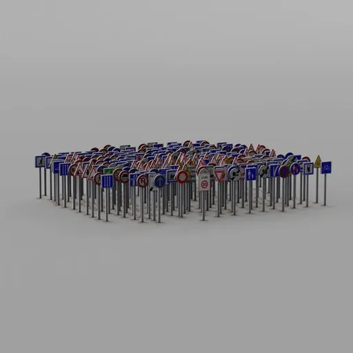 Detailed collection of 226 assorted French traffic signs for 3D modeling and Blender projects.