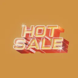 Vibrant 3D "HOT SALE" text model with sparkling effects on an orange backdrop for marketing.