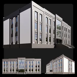 "Modern monochrome office building with a staircase, lecture halls, and gambling dens. This Blender 3D model features volumetric lighting and a military design, reminiscent of the TV shows Man from Uncle and Mad Men. Rendered with strong and hard building features, including a reactor."