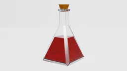 Detailed 3D model of a red liquid in a triangular flask, rendered in Blender with a cork stopper.