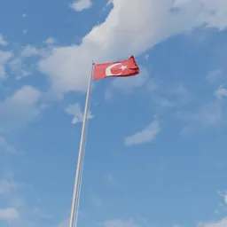 Custom-designed 3D Turkish flag on pole, fluttering against a sky backdrop, created for Blender rendering.