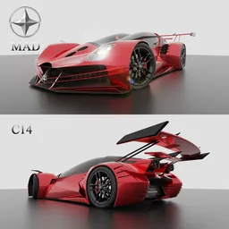Red C14 sports car 3D model with detailed design and sleek aerodynamics, ideal for Blender 3D projects.