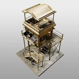 Detailed 3D military tower model with rust maps, UV unwrapped, compatible with Blender and other software.