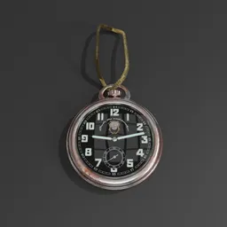 "Vintage comic pocket watch on gold band 3D model for Blender 3D design. Realistic military equipment with featured face details, luminous paint on digits and hands. Fully customizable with movable hands for animation purposes."
